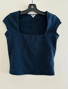 Garage Portia Square Neckline Short Sleeve Cropped Cotton T Shirt, Navy, M - Picture 1 of 2