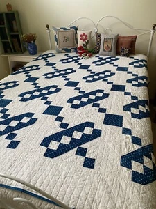 Antike Vintage Jacobs Leiter Decke blau weiß frühe handgenäht 72"x 74" - Bild 1 von 23