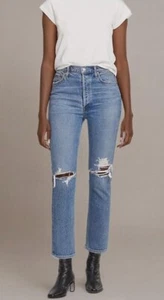 Pantalones de mezclilla ajustados rectos de tiro alto AGOLDE Riley •Mujer 33• Botón desgastado Mosca EXCELENTE - Imagen 1 de 14