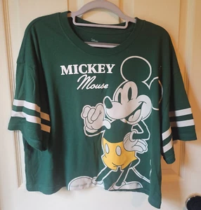Disney Mickey Mouse Cropped T-Shirt Green Varsity Style Boxy Size XL - Picture 1 of 8
