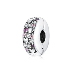 💖 Liebe Herz Zwischenring Clip Charm Bead Rosa CZ Echt 925 Sterling Silber 💖 - Bild 1 von 9