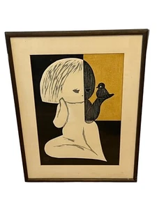 Kaoru Kawano Kind und Vogel japanischer Holzblockdruck Bleistift signiert modernistisch - Bild 1 von 18