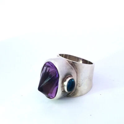Anello Designer In Argento Sterling Con Ametista Naturale E Topazio Taglia 8 - Immagine 1 di 4