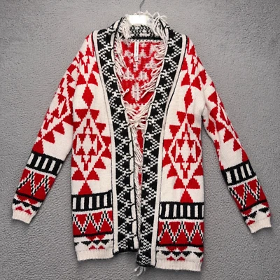 Cárdigan suéter Bethany Mota para mujer mediano rojo blanco geométrico frente abierto Foto 1 de 4