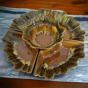 California Pottery MCM Drip Glaze Earth Tone 6-Pc Lazy Susan Serving Platter - Picture 1 of 15