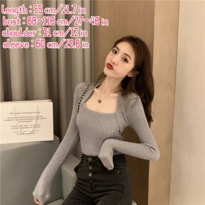 Damen Slim Pullover Sexy Eckiger Ausschnitt Gestrickt Strick Basic Freizeit - Bild 1 von 4