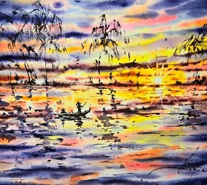 Original watercolor painting Vietnam seascape artwork Sunset art 11"x15" - Picture 1 of 2