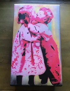SAGE Original GIRL WITH BRUSH/KIDS IN LOVE Painting on wood box obey banksy kaws - Picture 1 of 5