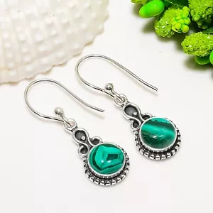 Natural Malachite Gemstone, 925 Sterling Silver, Dangle & Drop Designer Earring - Picture 1 of 10