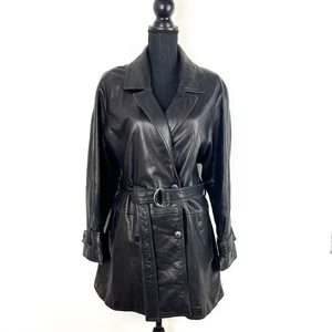 Vintage Nordstrom Black Leather Trench Jacket Belted Double Breasted Women’s SM - Picture 1 of 9