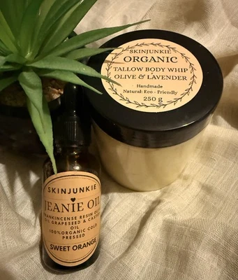 SKINJUNKIE Organic Skincare Frankincense Resin Olive Facial Oil Tallow Lavender Body Butter