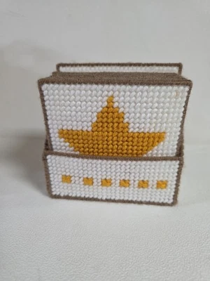 VTG Handmade Cross Stitch Set 5 Coasters in Holder White with Gold Star Tan Trim - Image 1 of 4