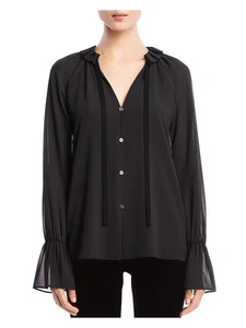 BAILEY44 Womens Black Tie Neck Ruffles Button Fron Blouson Sleeve Party Blouse L - Picture 1 of 11