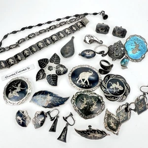 Konvolut Vintage Siam Niello Sterlingsilber Schmuck Anhänger Brosche Ohrringe 171 g - Bild 1 von 19