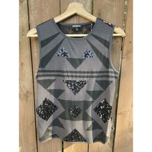 Camiseta sin mangas Express XS gris carbón encaje lentejuelas traseras nueva sin etiquetas - Imagen 1 de 3