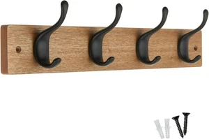 4 mattschwarze Kleiderhaken - auf Holzbrett in Eschenoptik - robust - Bild 1 von 5