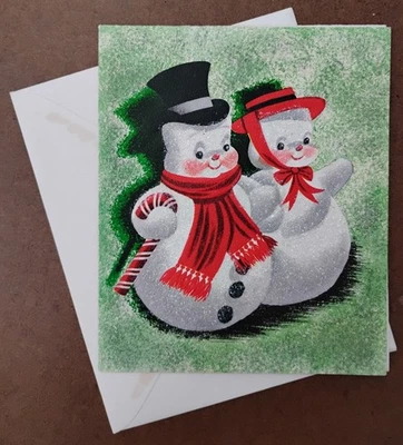 Tarjeta de felicitación de Navidad muñeco de nieve vintage, mujer de nieve con brillo envolvente años 50 Foto 1 de 4