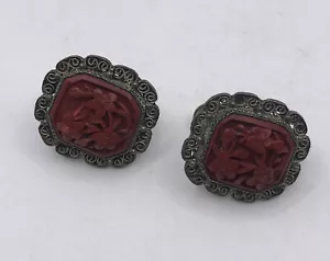 Vintage CINNABAR CHINESE EARRINGS CLIP ON SILVER - Picture 1 of 8