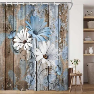 JAWO Farmhouse Flower Floral Shower Curtain Rustic Blue Daisy Shower Curtain ... - Picture 1 of 9