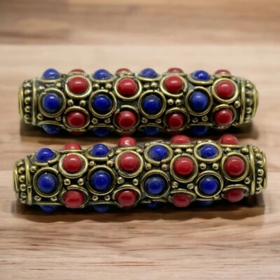 Tibetan Nepal Jewelry Artisan Handmade Brass Turquoise Coral Long 2 Masala beads - Image 1 of 4
