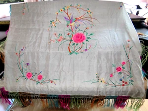 Antique Piano Shawl Silk Coat Dress Manton De Manila Embroidered Flowers 35"x35" - Picture 1 of 11