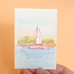 ACEO watercolor original of Lisbon Tagus river view on sunny day with yacht - Picture 1 of 6