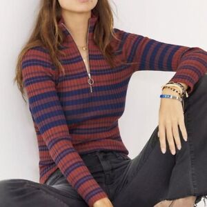 Maeve Small Liz Quarter-Zip Sweater Red Blue Striped Anthropologie Sporty Top
