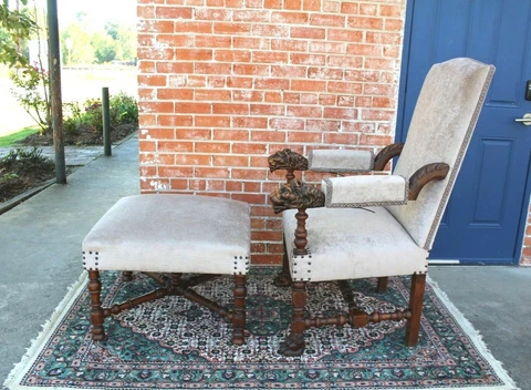 French Antique Upholstered Oak Gray Armchair w Ottoman c1880s ~ Recliner ~ Cover