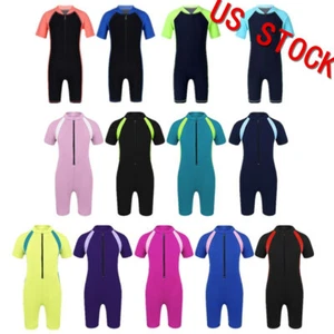 Kids Boys Girls One Piece Swimwear Short Sleeve Zipper Bathing Suit Swimsuit - Picture 1 of 118