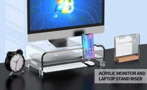 Acrylic 16" 2 Tier Monitor Stand Riser with Cell Phone Holder & Charging Port - Picture 1 of 6