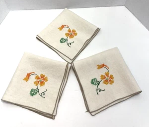 Set of 3 Dinner Napkins Fabric Beige Cross Stitch Flowers Embroidered Floral - Picture 1 of 16