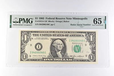 PMG 65Unc EPQ $1 1985 FRN Minneapolis Fr#1913-I Radar Serial Number 420! *3092 - Image 1 of 3