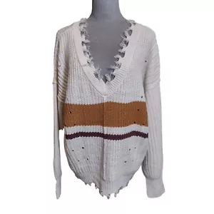 Rue 21 Sweater Cream Deep V Frayed Oversized Fringe Chunky Knit Womens Large - Picture 1 of 6