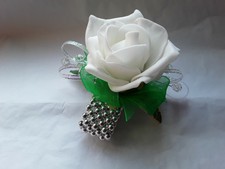 Wedding/prom white Rose / Wrist Corsage Emerald Green/ silver bracelet/crystals