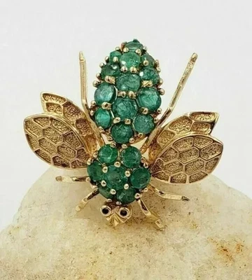 3Ct Round Lab Created Green Emerald Bee Brooch Pin 14k Yellow Gold Plated - Image 1 of 4