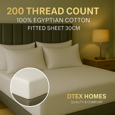 DTEX HOMES 200 Thread Count 100% Egyptian Cotton Extra Deep Bed Fitted Sheet 12''/30cm