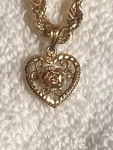 Vintage 7in. 14k Gold Bracelet With 14k Yellow And Rose Gold Heart Charm - Picture 1 of 4