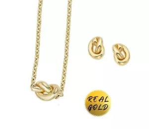 14k Yellow Gold Puffed Love Knot Stud Earring & 18" Necklace Combo 5.8Grams - Picture 1 of 5