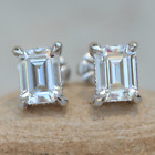 2.24 Tcw Emerald Cut Moissanite 4-Prong Halo Earring In 14K White Gold Plated
