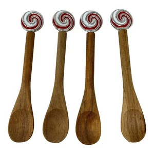 Christmas Peppermint Mini Spoons Set 4 Wooden Decor Ornament Candyland Swirl Red - Picture 1 of 6