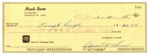 HANK SNOW Signed AUTOGRAPH on $300 BANK CHECK to EVANGEL TEMPLE Nashville - Picture 1 of 2