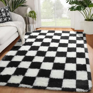 KICMOR Area Rugs for Bedroom Living Room, 4x6 Black and White Fluffy Soft Checke - Picture 1 of 7