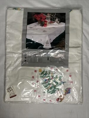 Vintage Christmas Tree Tablecloth 68" x 86” Hand Cross Stitch Crochet Lace - Image 1 of 4