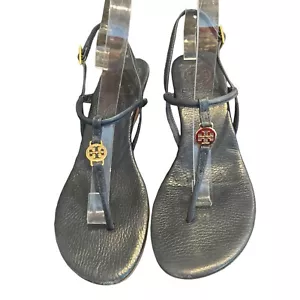 TORY BURCH Emmy Demi Wedge Sandals Navy Blue Leather Size 7 a23 - Picture 1 of 6