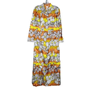 Vintage MCM Womens Bold Floral Loungewear Robe M Orange Yellow Mandarin Collar - Picture 1 of 9