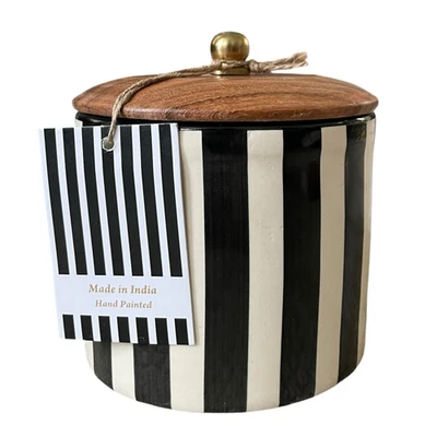 Hand Painted Striped Ceramic Canister w/ Wood Lid Made in India Black Cream NEW - Image 1 of 4
