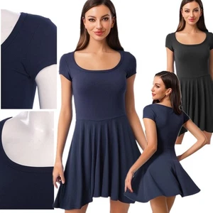 Womens Mini Dress U Neck Short Sleeve Pleated Hem Solid Color Skirt Costume - Picture 1 of 40