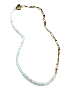 Zara Half and Half Gold Tone Chain Green Chalcedony Stone Necklace 18 in - Picture 1 of 6