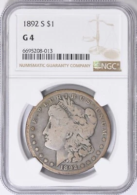 1892 - S   MORGAN  SILVER  DOLLAR - VERY  LOW  MINTAGE - 1,200,000  COINS - Image 1 of 2