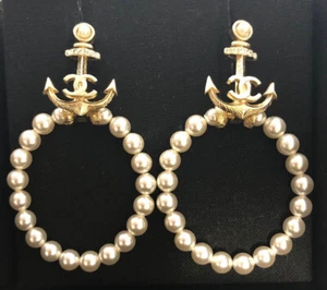CHANEL CC Logos Rhinestone Pearl Anchor Hoop Earrings Gold Tone A18A Auth w/Box - Picture 1 of 10